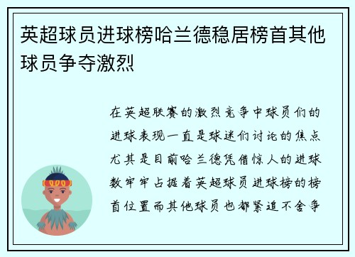 英超球员进球榜哈兰德稳居榜首其他球员争夺激烈